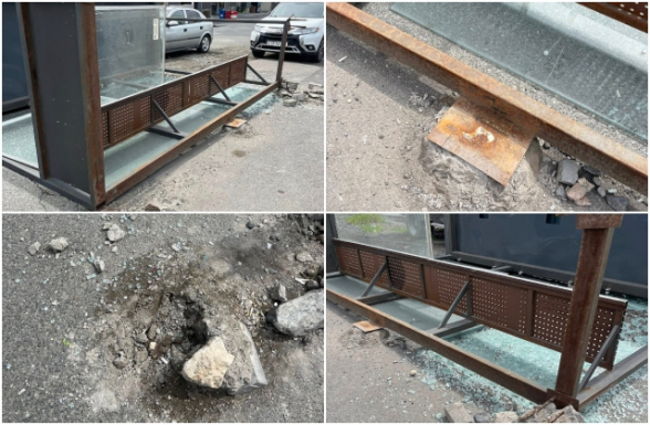 Перевернутая автобусная остановка в Ереване: последствия ветра